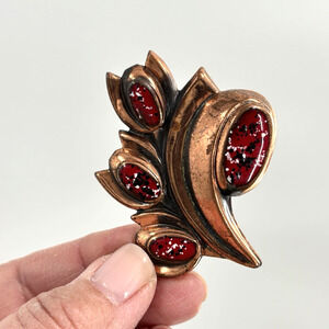 MCM Copper Enamel Brooch Red Black Speckled Floral Mid Century Modern Tulip Pin